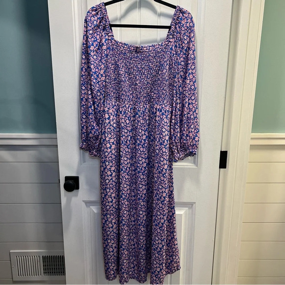 J. Crew Factory Viscose Blue Ditsy Floral Smocked Midi Dress. Size XL. - Picture 2 of 16